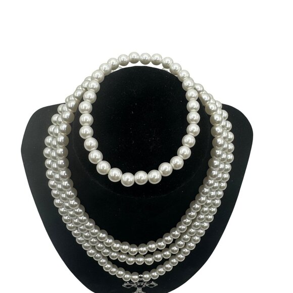 Claires Multi-Strand Pearl Necklace & Bracelet Set With Cross Pendant - Picture 2 of 5